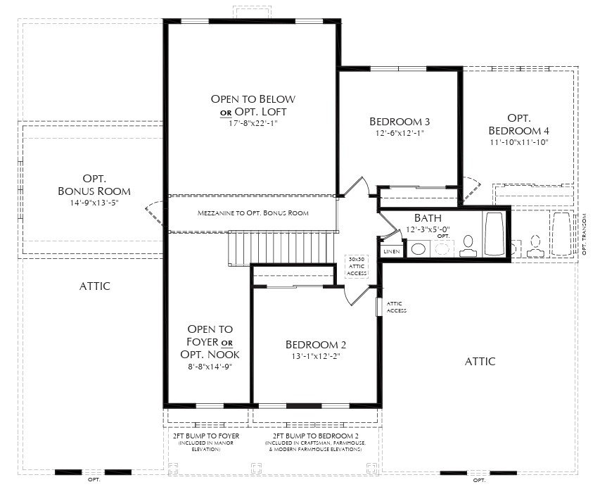 Second floor house plan with three bedrooms, a shared bath, bonus rooms, attic spaces, and open loft/nook areas. Staircase is centrally located. Labels indicate optional rooms and attic access points.