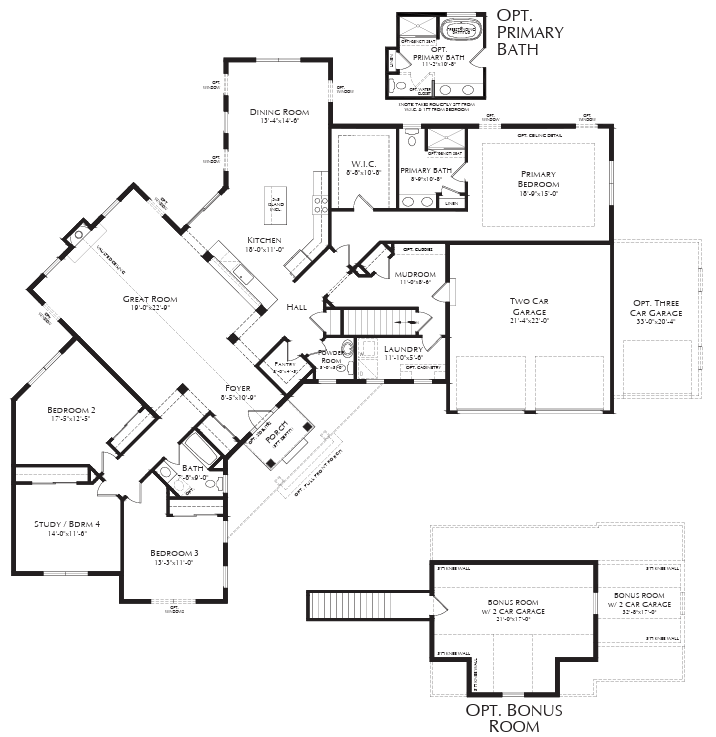 Black and white floor plan showing rooms, garages, bathrooms, kitchen, and optional bonus room. Labels indicate room purposes and measurements, with clear layout for living, dining, bedrooms, and accessible garages.