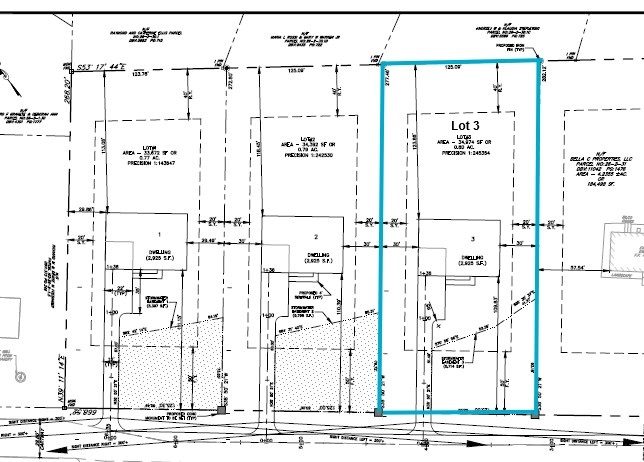 A black and white site plan showing multiple property lots; Lot 3 is highlighted with a blue rectangle in the center. Each lot displays dimensions, boundaries, and existing structures.