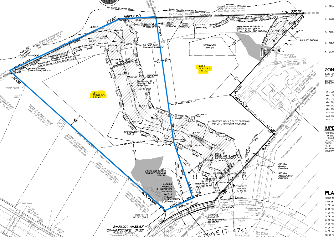 Site plan drawing with contour lines, zoning notes, and labeled lots. A blue outline highlights a section of land. Yellow boxes mark key features. Roads, easements, and proposed structures are detailed with measurements and annotations.